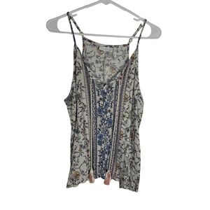 LUQ Floral Boho Tassel Cami Tank Top XXL Cream Blue Rayon J51185VEZSP